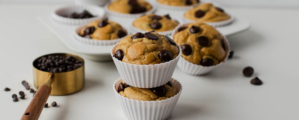 Chocolate Chip Chickpea Muffins in French Gray Muffin Tins