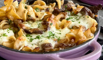 Chef Joe Sasto’s Stroganoff Pasta Melt with Sirloin, Caramelized Mushrooms & Mozzarella