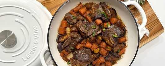 Korean Braised Short Ribs in White Enameled Cast Iron Braiser