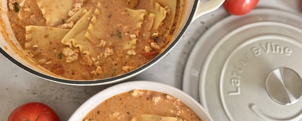 Turkey Lasagna Soup Recipe in Stone Dutch Oven