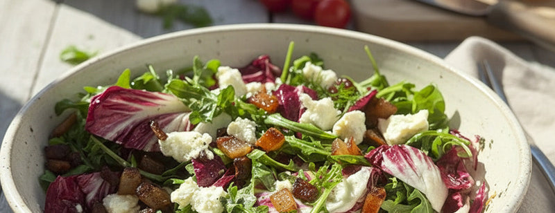 Chef Joe Sasto's Radicchio & Arugula Salad with Guanciale Vinaigrette and Marinated Goat Cheese