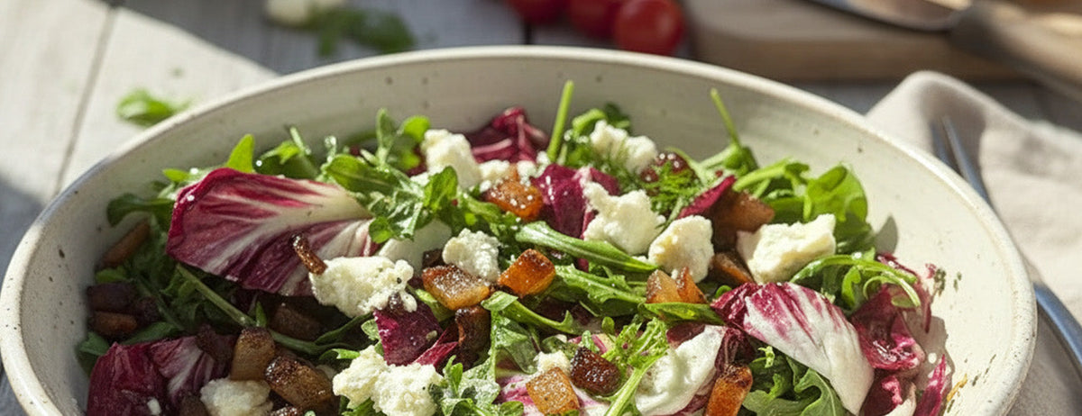 Chef Joe Sasto's Radicchio & Arugula Salad with Guanciale Vinaigrette and Marinated Goat Cheese