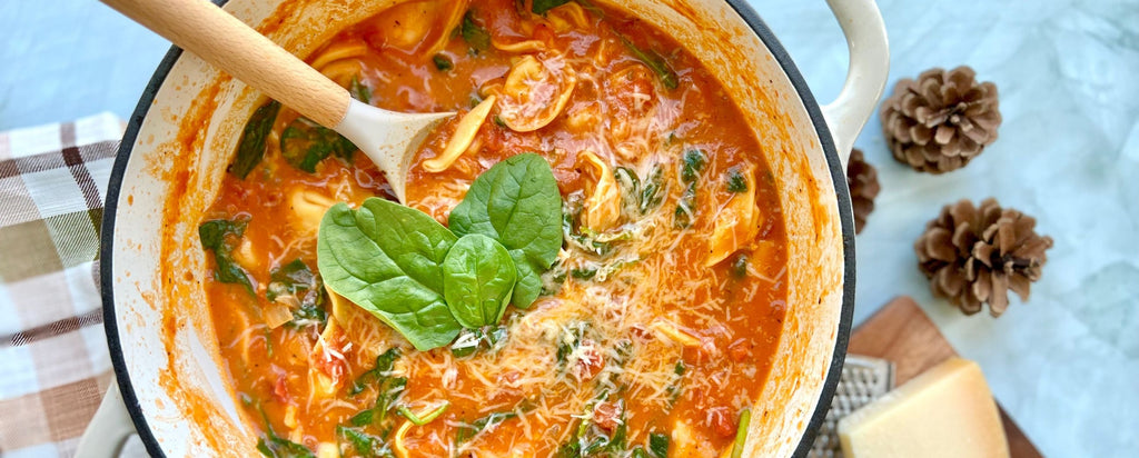 Tortellini Soup with Basil In Dutch Oven 