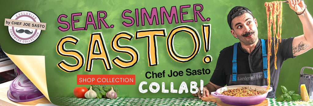 Promotional banner for Chef Joe Sasto with him holding pasta, featuring text and branding elements.