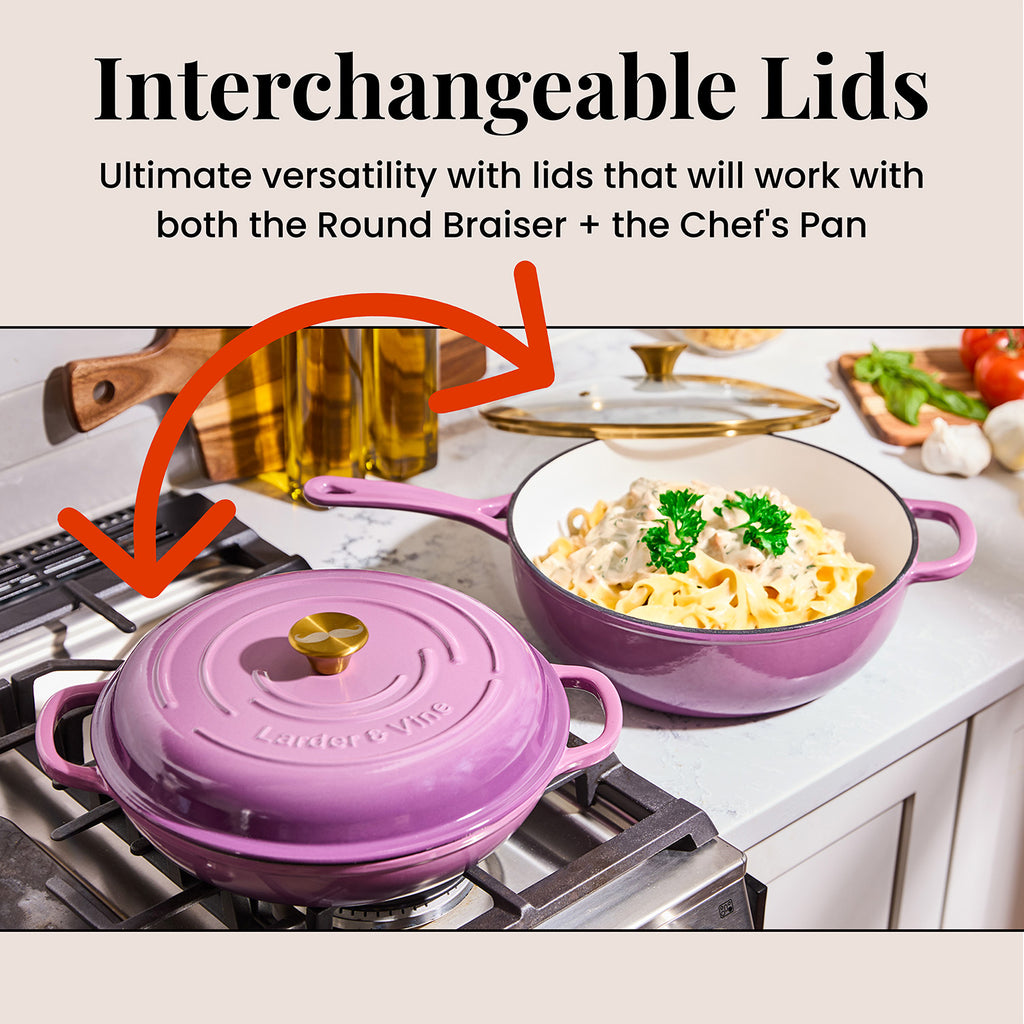 Larder & Vine purple cookware set with interchangeable lids on a stove, featuring text about versatility.