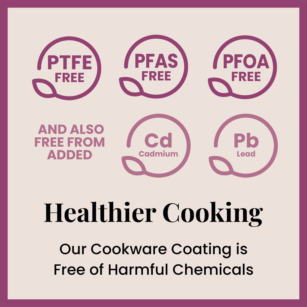 Healthier cooking message with free chemical claims on a light purple background