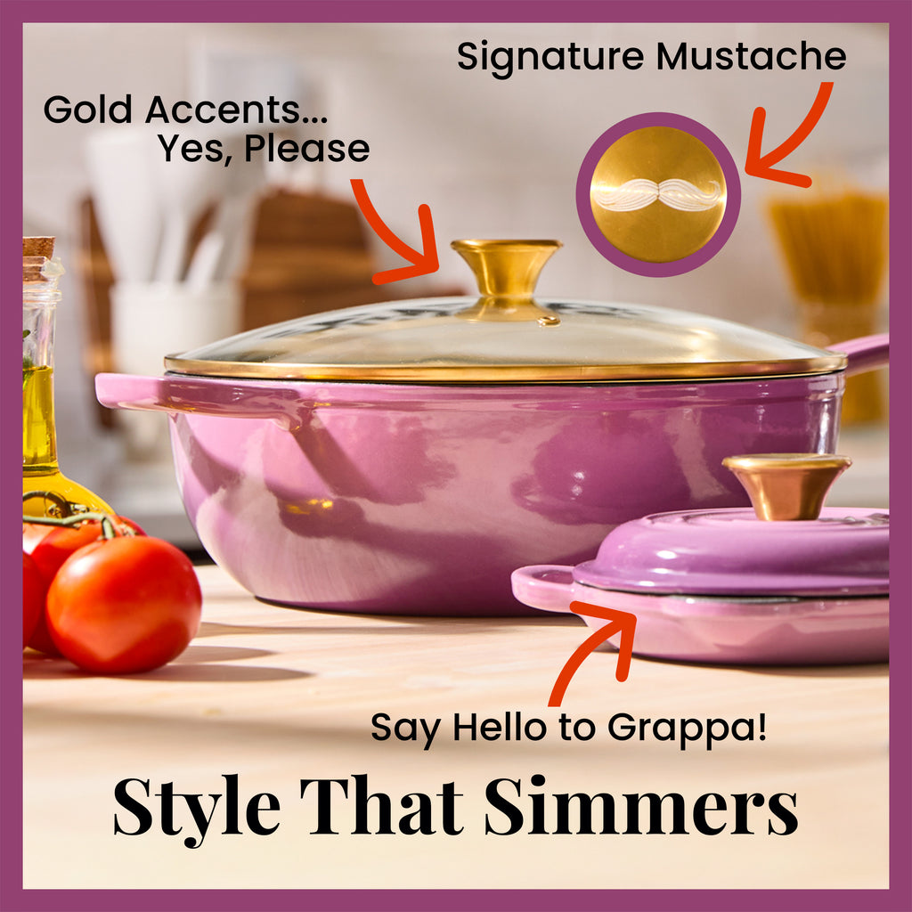 Purple Larder & Vine cookware set with gold accents on a kitchen counter, featuring text and arrows pointing to design elements.
