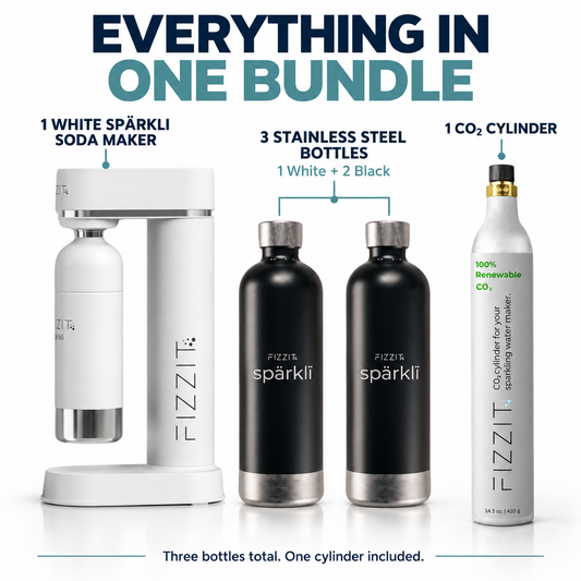 FIZZIT Sparkli White Bundle – 3 Stainless Steel Bottles + CO₂